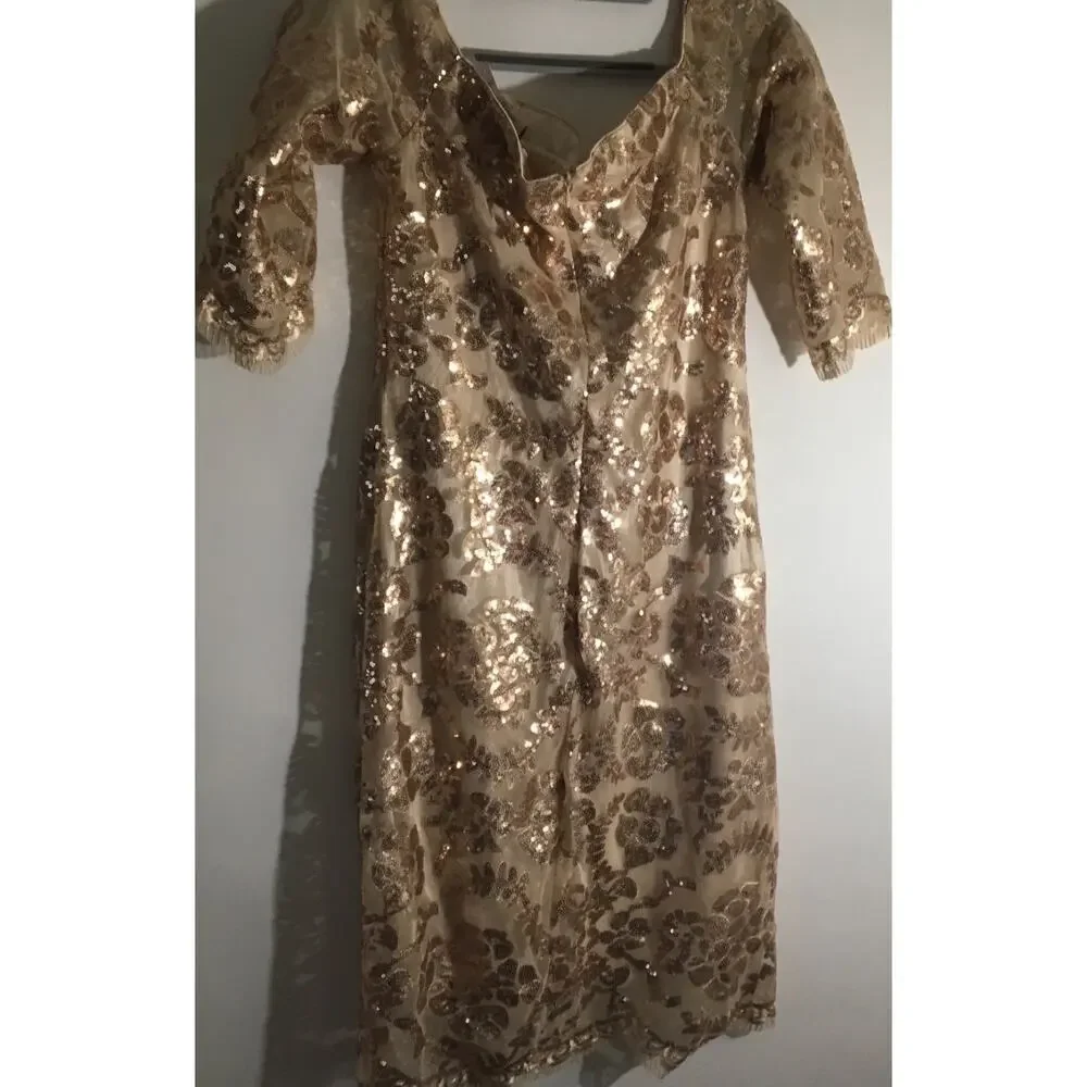 Neiman Marcus Women's Size Medium Beige Floral Sequin Square Neck Evening Dress - Picture 5 of 6